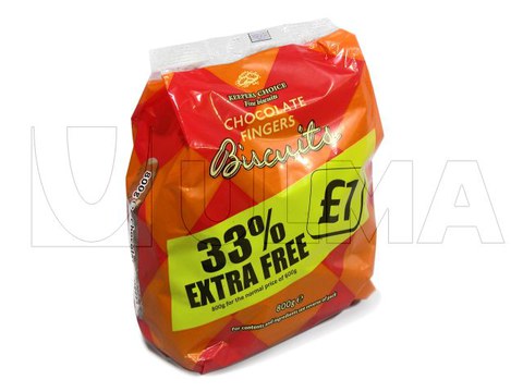 Упаковка шоколадных бисквитных пирожных в пакет с плоским дном в БОПП-пленку