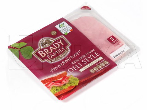 Упаковка нарезки ветчины в МГС в жёсткую плёнку на термоформере