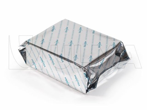 Упаковка коробок с коллагеном в метализированную плёнку на флоу-паке