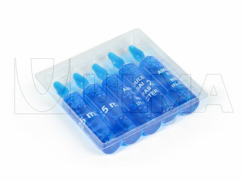 Упаковка ампул с медицинскими препаратами в жесткий лоток на термоформере