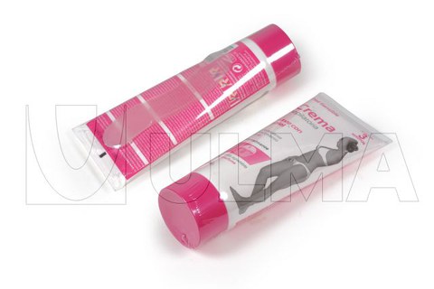 Упаковка депиляционного крема в контейнере с пластиковым шпателем в полеолефиновую термоусадочную пленку