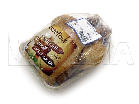 Упаковка жареной курицы в барьерную термоусадочную пленку в лотке на флоупаке